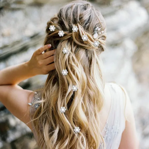 Miniatura 4 de YISSION 20 pinzas para el pelo con flores de diamantes de imitación, lindas horquillas azules pequeñas decorativas para el pelo de boda, pasadores