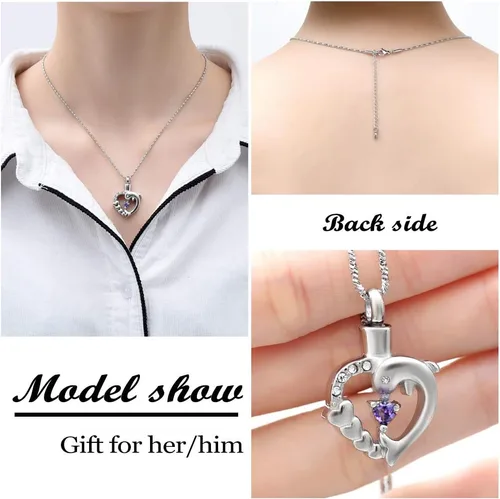 Miniatura 13 de Yinplsmemory Collar de urna de corazón de delfín para cenizas para mujer, colgante de urna de corazón de cristal, collar de recuerdo de cenizas