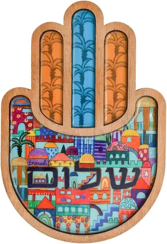 Yair Emanuel - Colgante de pared colorido Hamsa para colgar en la pared, diseño vibrante pintado a mano de 9 pulgadas (Jerusalem HAX-2)