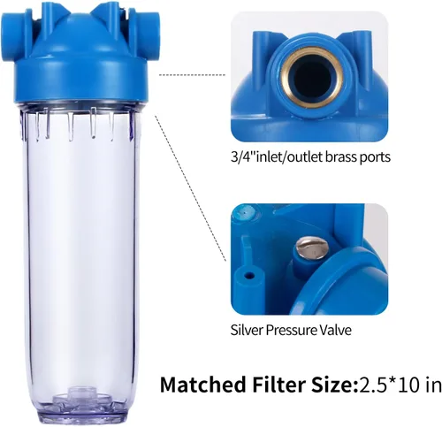 Miniatura 2 de Geekpure Carcasa de filtro de agua transparente de 10 pulgadas para toda la casa, puerto de latón NPT de 3/4 pulgadas, apto para filtros de 2.5 x 10