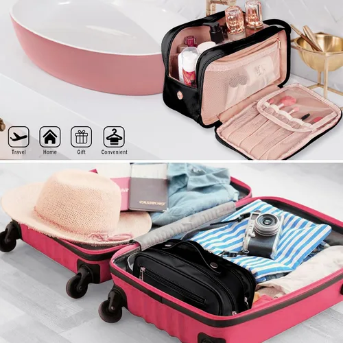 Miniatura 6 de Neceser de aseo personal, organizador de artículos de aseo de viaje de piel sintética, doble cremallera, bolsa de cosméticos de viaje de gran Negro