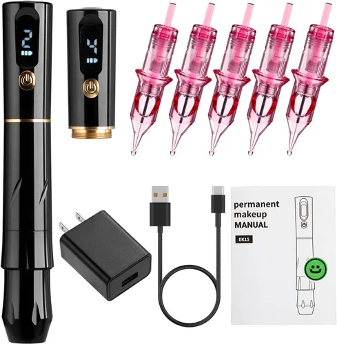 Charme Princesse Máquina de maquillaje permanente Tatuaje Pluma de cejas Maquillaje Rotary Machine Pen con 2 baterías, 5 agujas de cartucho para