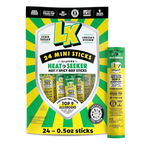 Lorissa's Kitchen Heat Seeker - Mini palitos de carne de jalapeño (paquete de 24) palitos de carne de 0.5 onzas, bocadillos proteicos listos para