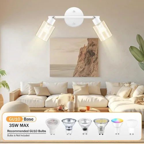 Miniatura 2 de BoostArea Lámparas de baño de 2 luces, modernas luces blancas de pared con pantalla de vidrio transparente, luz de techo flexible para espejo