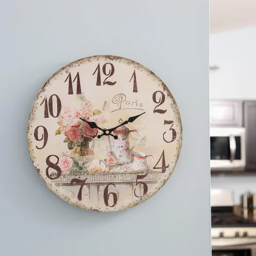 Miniatura 3 de Lily's Home Reloj de pared vintage de cocina francesa, fabricado con un hermoso diseño envejecido e ilustración de la hora del té francés