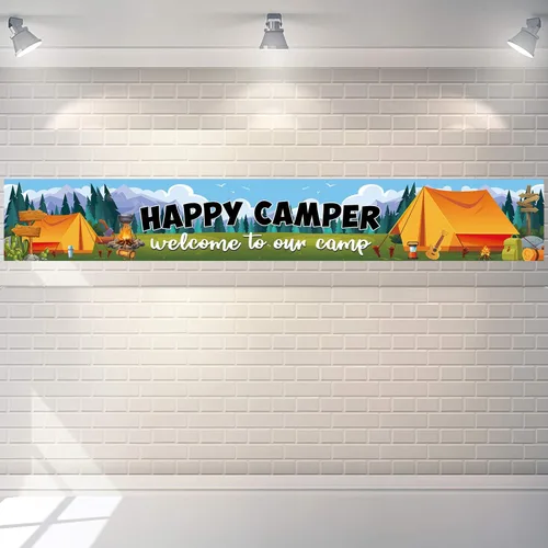 Miniatura 2 de Cartel de fondo de Happy Camper con 118.1 x 19.6 pulgadas, tela de poliéster de tamaño largo, letrero de telón de fondo para camping, suministros