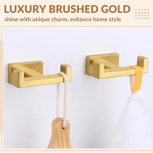 Miniatura 7 de APLusee Paquete de 2 ganchos dobles para toallas de baño, soporte cuadrado de doble capa de acero inoxidable sólido, moderno para baño y cocina, Oro
