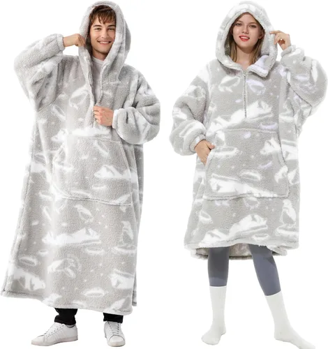Winthome Manta con capucha larga con cremallera para adultos, mujeres y hombres, forro polar sherpa de gran tamaño, acogedor, mullido, cálido, Gris