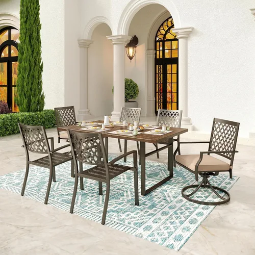 Miniatura 14 de SUNSHINE VALLEY Juego de 7 sillas de comedor para patio, material metálico, 6 sillas de comedor de color teca rectangular con agujero para sombrilla