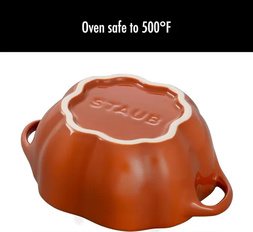 Miniatura 9 de STAUB Calabaza Pequeña de Cerámica de 0.75 cuartos, Segura para Horno y Estufa hasta 572°F, Plato de Calabaza, Horneado Color Naranja Caramelo