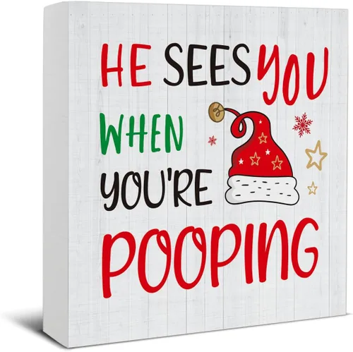 Decoraciones de Baño de Navidad - Decoración Divertida de Navidad, Él Te Ve Cuando Estás Haciendo Popó Letrero de Madera de Baño, Decoración del
