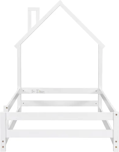 Miniatura 4 de Cama de madera de tamaño individual con cabecera en forma de casa con vallas, altura baja al suelo, para dormitorio de niños y niñas (azul claro-01)