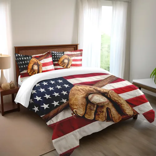Miniatura 2 de Juego de ropa de cama de béisbol para niños, juego de edredón de bandera estadounidense con temática deportiva, tamaño individual, decoración