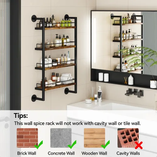Miniatura 8 de IBUYKE Estante para Especias de Pared, Organizador Colgante de Condimentos de 4 Niveles, Estante Grande para Pared para hasta 50 Frascos, Marrón