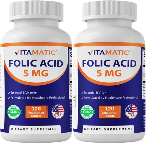 Vitamatic Ácido fólico 5 mg (5000 mcg) – 120 tabletas vegetarianas por botella | Paquete de 2 (total 240 tabletas) Vitamina B9 (Folato) | Apoya la