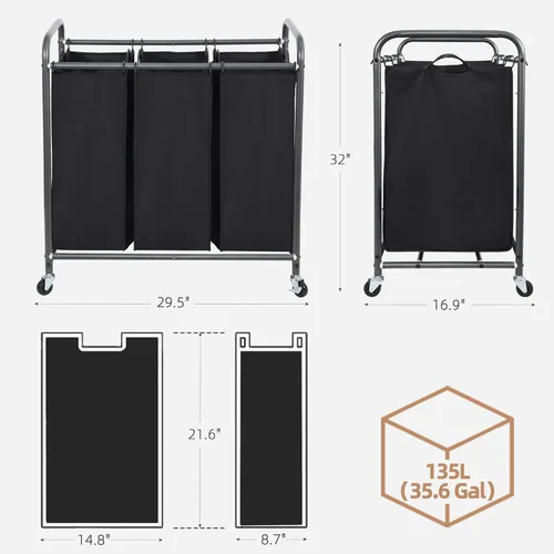 Miniatura 3 de STORAGE MANIAC Clasificador de ropa de 3 secciones, carrito de cesto de ropa de 35.9 galones (136 L) con ruedas resistentes rodantes con bloqueo
