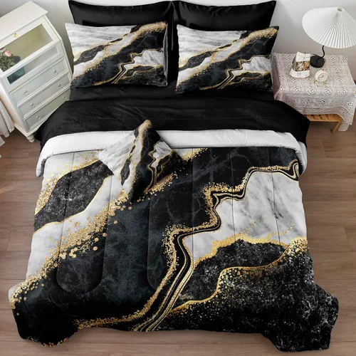 Miniatura 11 de Merryword - Juego de edredón de mármol negro, tamaño individual, 6 piezas, ropa de cama en una bolsa, diseño de mármol metálico dorado con 1