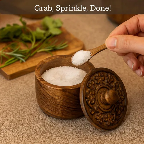 Miniatura 8 de Mie Creations Salero Rústico con Tapa Tallada a Mano y Cuchara, Cuencos de Madera para Pellizcar Sal Recipiente de Madera para Sal y Pimienta