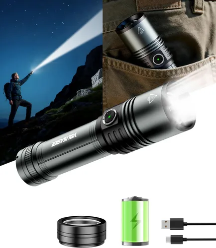 Linterna LED recargable con lente de encendido, linternas EDC de 1500 lúmenes, 5 modos con zoom, tipo C, linternas tácticas de mano de alta potencia