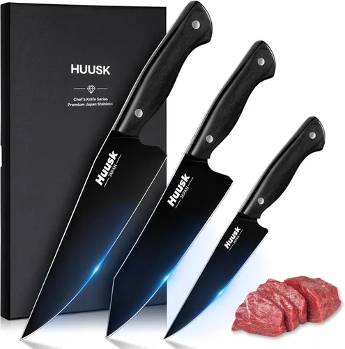 Huusk Juego de Cuchillos de Chef Japoneses para Cocina - Juego de 3 Cuchillos de Cocina Negros con Revestimiento de Titanio, Juegos de Cuchillos de