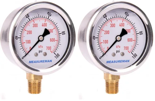 Miniatura 24 de MEASUREMAN - Manómetro de presión 1/4 NPT, manómetro de presión lleno de glicerina 0-100psi/kPa con esfera de 2.5 pulgadas y caja de acero