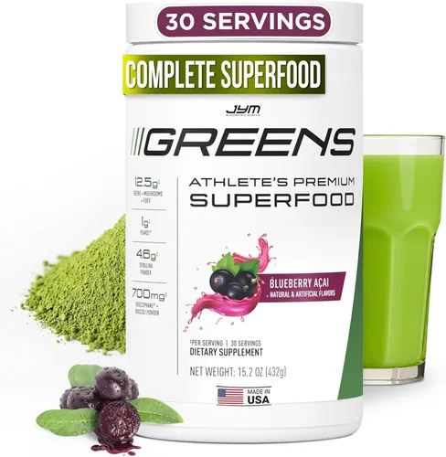Miniatura 6 de JYM Greens Super Food Powder para rendimiento, sandía, pepino, espirulina, champiñones, vitaminas, brócoli y brócoli, hombres y mujeres, 30 porciones