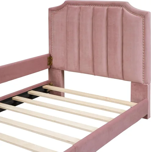 Miniatura 4 de Linique Base de cama tapizada de terciopelo de tamaño individual con ribete de clavos y cabecera en forma de rayas, cama clásica sin necesidad