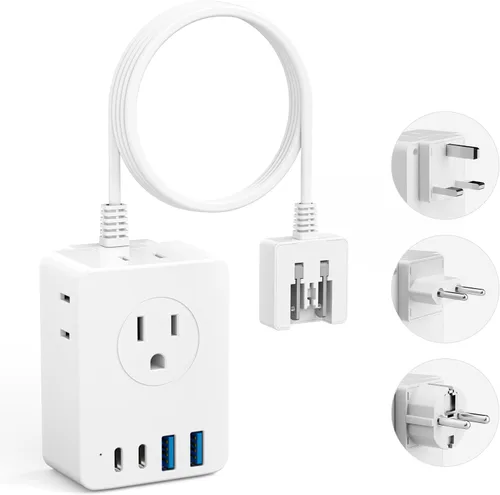 Kakyanill Adaptador de enchufe de viaje europeo, cable de extensión desmontable de 5 pies con kit de enchufe tipo C/G/E/F, 4 tomas de corriente AC,