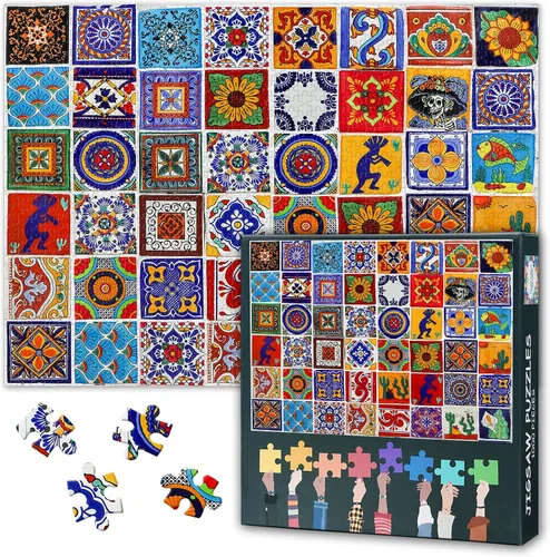 Rompecabezas para adultos – Azulejo de cerámica de estilo mexicano multicolor, brillante y colorido, 28 x 20 pulgadas, detalles intrincados juegos