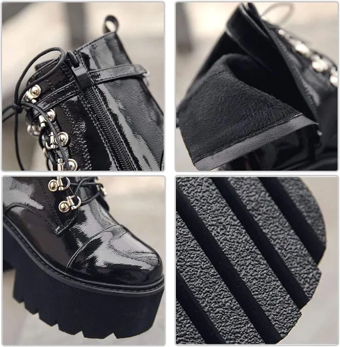 Miniatura 2 de CYNLLIO - Botas estilo combate de moda al tobillo de mujer, plataforma en bloque con cordones y tachas, botas de motocicleta a mitad