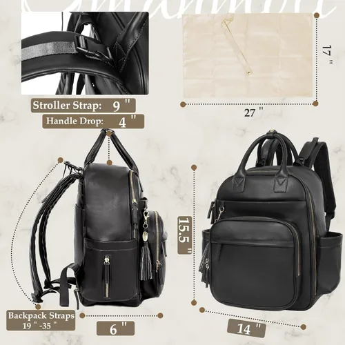 Miniatura 3 de Omanmoli Mochila para pañales, bolsa de bebé de cuero con 16 bolsillos, mochila grande para pañales de viaje, organizador esencial para bebé, 4 Negro