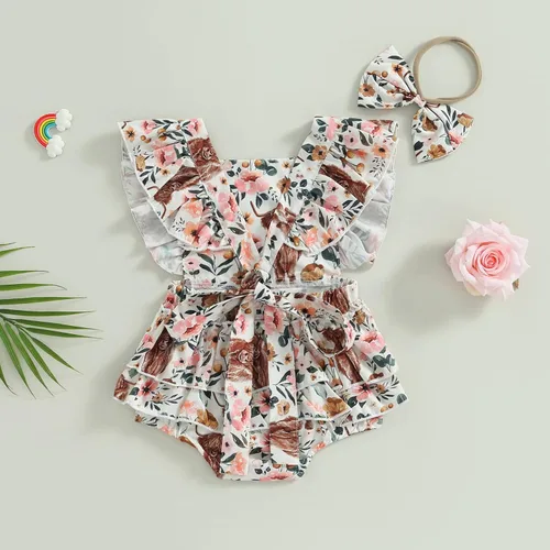 Miniatura 4 de Karuedoo Ropa de bebé del oeste con estampado de vaca, con volantes, sin mangas, mameluco con diadema, traje de vaquera para bebé