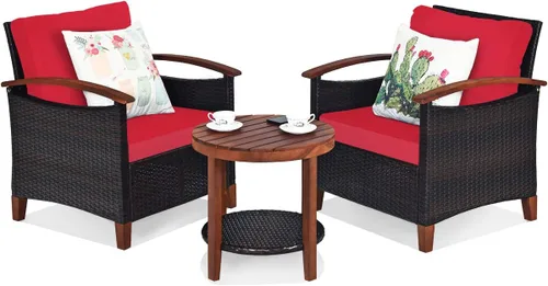 Miniatura 10 de Tangkula Juego de muebles de patio de 3 piezas, sofá y mesa auxiliar de ratán para exteriores con marco de madera de acacia maciza, juego de bistró
