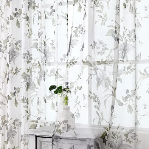 Miniatura 2 de Tollpiz Cortinas cortas y traslúcidas con estampado de mariposas y cerezo gris, media cortina con bolsillo para barra de cocina, cortinas