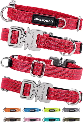 Miniatura 18 de SparklyPets Collar de perro ancho de servicio pesado con hebilla cromada de liberación rápida, collar táctico grueso para perro con rayas Azul