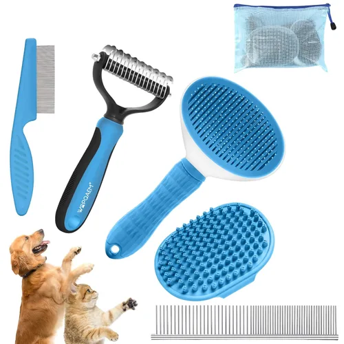 Kit de aseo para perros, 5 piezas, cepillo deslizante autolimpiante para arrojar perros y gatos de pelo corto y largo, incluye peine para mascotas,