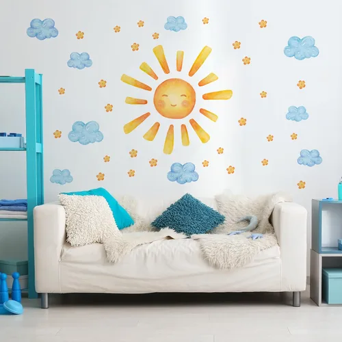 Miniatura 5 de 35.4 × 11.8 pulgadas, diseño de nubes de sol, mural de acuarela, vinilo moderno, extraíble, adhesivo para guardería, sala de juegos, sala de estar