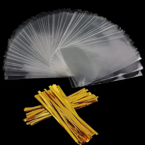 Miniatura 6 de Bolsas transparentes para golosinas, 100 bolsas de celofán, bolsas transparentes para dulces con 100 lazos metálicos para dulces, palomitas de maíz