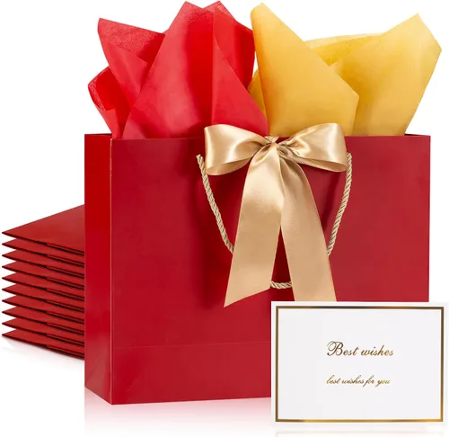 Miniatura 9 de PASEOTA Bolsas de regalo de 12.6" a granel, 10 bolsas de regalo con 20 papeles de seda y 10 tarjetas de felicitación, bolsa de lujo con asas