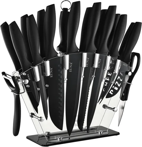 Miniatura 9 de Juego de bloque con cuchillos EUNA, juego de 19 cuchillos de cocina con bloque acrílico y afilador, juego de cuchillos de acero inoxidable de alto