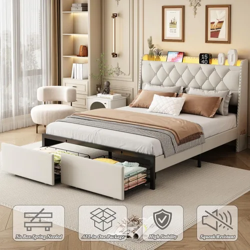 Miniatura 7 de Base de cama tamaño queen con cabecera de almacenamiento y 2 cajones, base de cama tapizada con botones capitoné, luces LED y estación de carga,