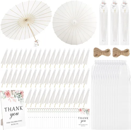 Aneco 12 paraguas de papel blanco de boda de 33 pulgadas, paraguas decorativos chinos japoneses con bolsas de organza, etiquetas de agradecimiento