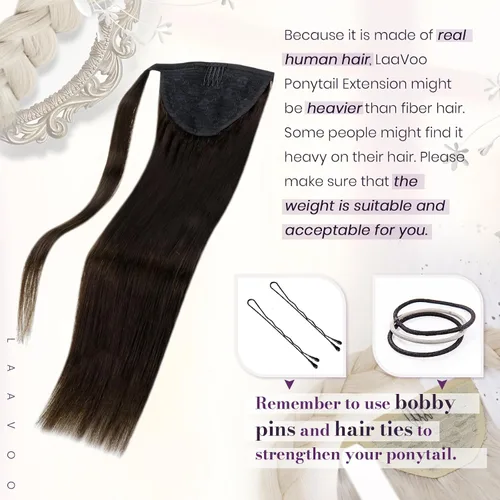 Miniatura 3 de LaaVoo Extensión de cola de caballo de cabello humano marrón para mujer, extensiones de cola de caballo marrón oscuro, extensiones de cabello humano