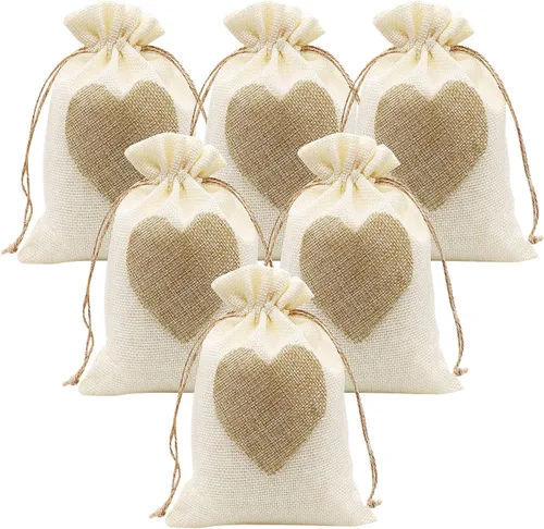 Miniatura 8 de SumDirect Bolsas de arpillera de corazón con cordón – 36 bolsas pequeñas de lino beige de 4 x 6 pulgadas para regalo de boda, baby shower