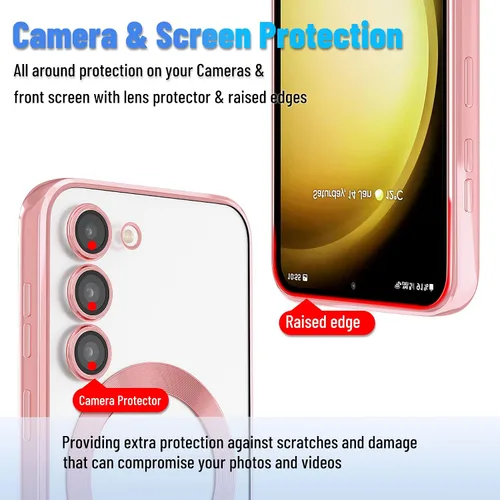 Miniatura 3 de Funda magnética para Samsung Galaxy S23, borde galvanizado, parte trasera transparente, funda protectora delgada con protección de cámara, Rosa