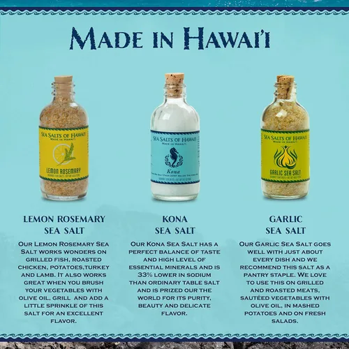 Miniatura 2 de Sea Salts of Hawaii Paquete de 3 variedades, sal hawaiana pura de Kona, sal de ajo asado, sal marina hawaiana con sabor a limón y romero