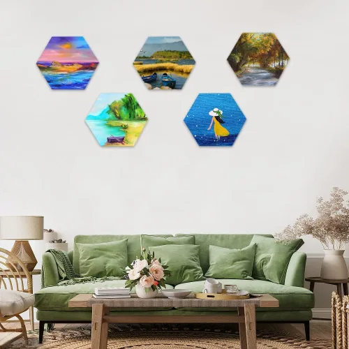 Miniatura 7 de yazi Tableros de lienzo hexagonales para pintar, 5 paquetes de tablas estiradas de 12 pulgadas, pintura acrílica, tableros de decoración tallados