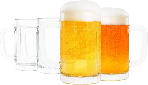 Paquete de 4 tazas de vidrio resistentes, vasos de cerveza grandes de 16 onzas con asa, aptas para congelador, juego de tazas de cerveza clásicas