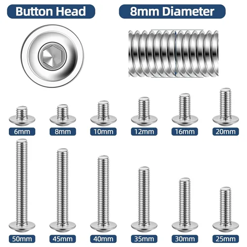 Miniatura 3 de Tornillos de cabeza de botón con brida M8-0.049 x 0.787 in, tornillos de brida, acero inoxidable 18-8 304, rosca completa, unidad de enchufe Allen