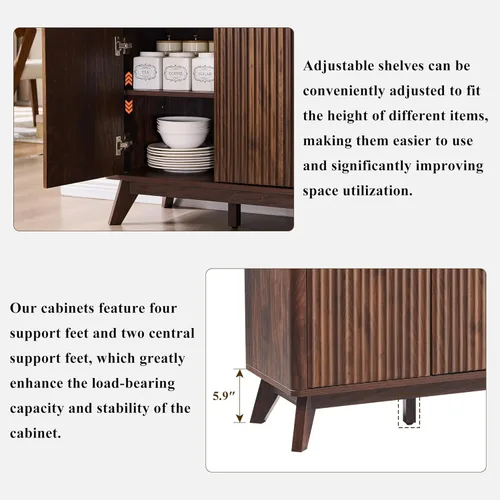 Miniatura 5 de T4TREAM - Aparador de buffet estriado con almacenamiento, mesa de aparador moderna grande de 60" con barra de café, barra de vino, gabinete de Nogal